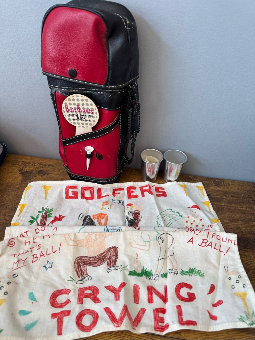 Vintage Golf Buddy Bottle Carrier‎ Barware Set Made In Japan Cups Crying Towel